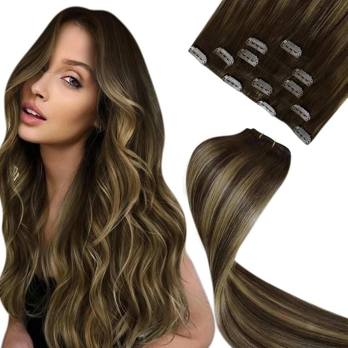 LaaVoo Hair Extensions Clip in Real Human Hair Brown Clip in Hair Extensions Dark Brown Remy Straight Hair Full Head Double Weft 80g 5pcs 14 Inch #4 — view 59