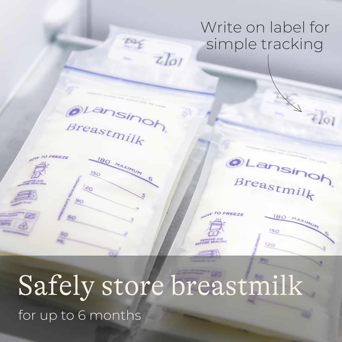 Lansinoh Breast Milk Storage Bags - Pre-Sterilised, Leakproof & BPA/BPS-Free - Fridge & Freezer Breastmilk Pouches - Pump into bag with Lansinoh Breast Pumps - Breastfeeding Essentials - 50 Pack — view 4