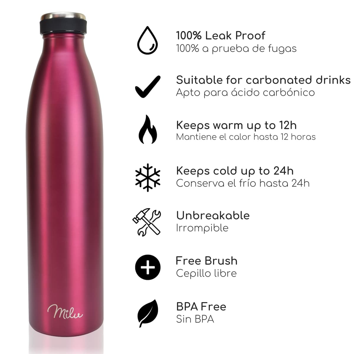 Milu Botella de acero inoxidable de 350ml 500ml 750 ml 1 L 1,5 L botella de agua aislada, termo a prueba de fugas, doble pared, apta para ácido carbónico + cepillo de limpieza (Azul Violeta, 350ml) — view 208