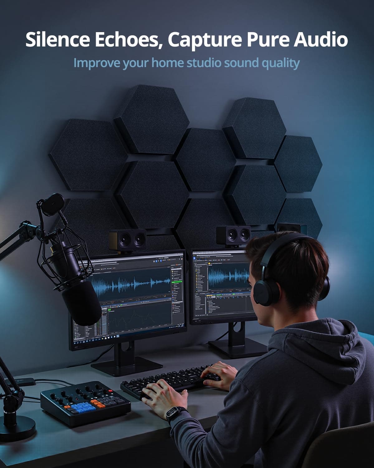 Acoustic Foam Panels, 3D Hexagon Dual Thickness 1.57" & 2.75" Sound Absorbing Panel for Walls, Ceilings, Doors, 12 Pack 12" x 10" Black Decorative Art Tiles for Studio, Home Office, Gaming Room, Decor — view 3