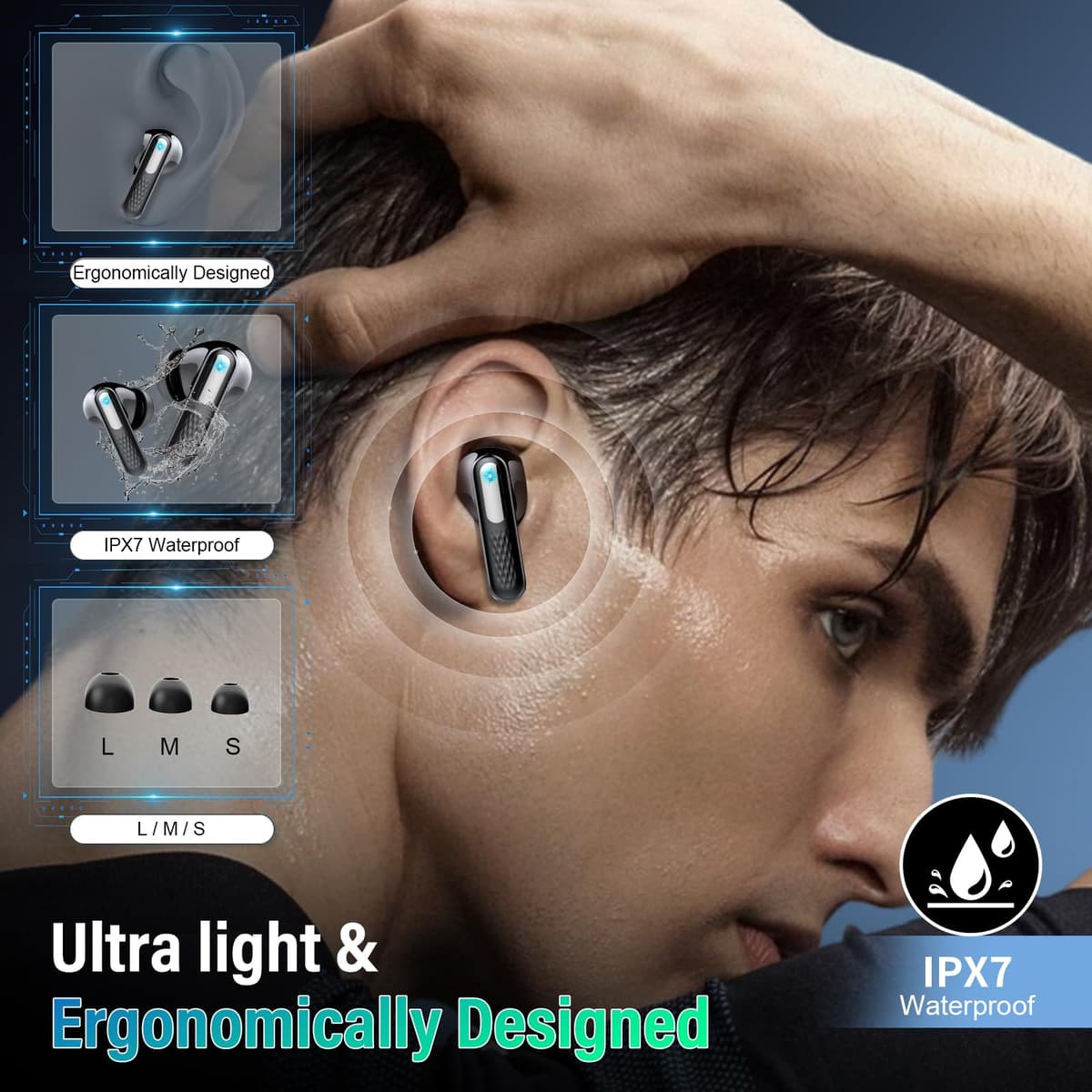 Wireless Headphones with LED Touch Screen, Bluetooth 5.4 HiFi Stereo Headphones with HD Mic, 48H Wireless Headphones with Noise Reduction ANC+ENC, IP7 Waterproof, Glossy Black — view 7