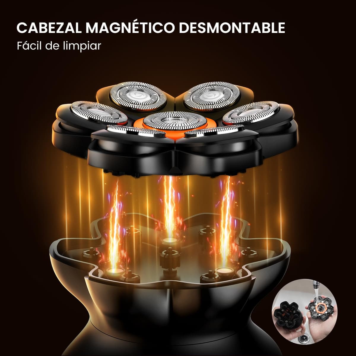 MAXGROOM Afeitadora Cabeza Hombre, Maquina Afeitar Hombre, Afeitadora para Calva en Seco y Húmedo, Batería de Larga Duración, 7 Cabezales, Magnético, 100% impermeable, Color Negro — view 3