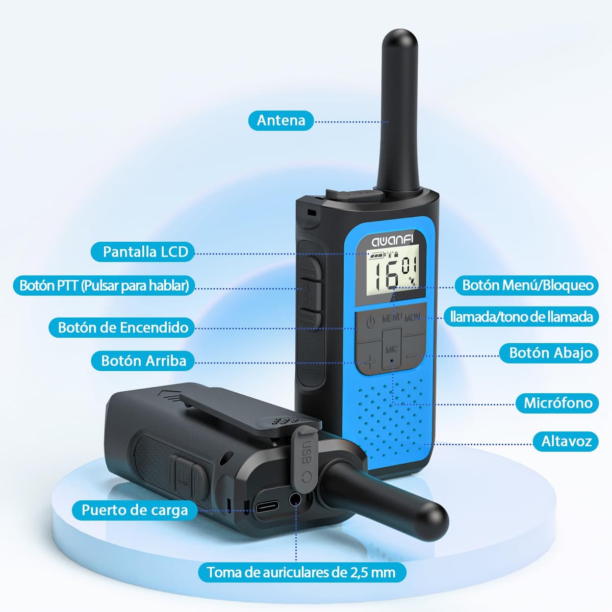 AWANFI Walkie Talkie Recargable con 1200mAh Batería, Walkie Talkie para Niños Adultos, 3 Piezas Walkie-Talkies, 16 Canales VOX, Walky Walky para Aventuras Camping Senderismo — view 2