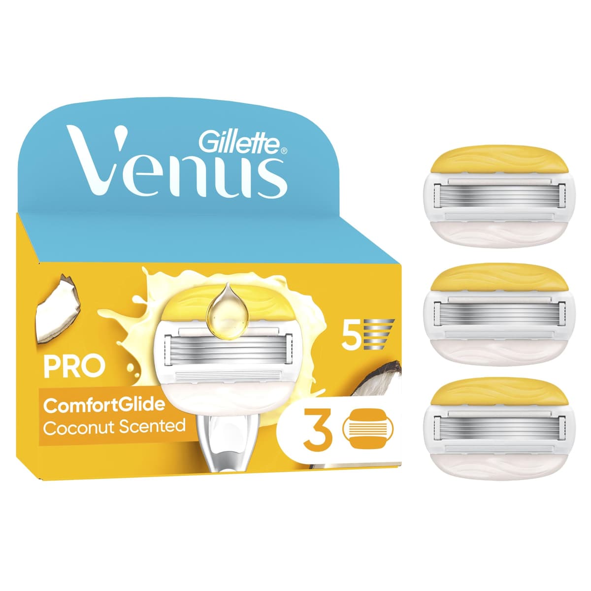 Gillette Venus Pro ComfortGlide Coconut Scented Women’s Blades with Olay Moisturiser, 3 Refill Razor Cartridges