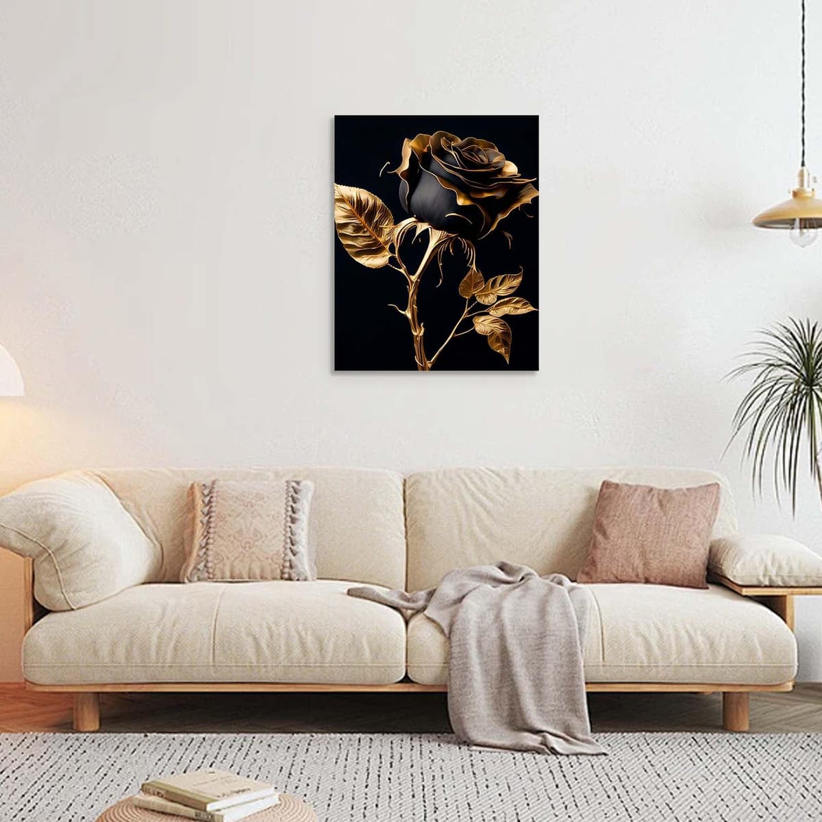 Galmcook Framed Canvas Wall Art 12x16 Inch Black and Gold Rose Modern Artwork Elegant Floral Wall Canvas for Living Room Bedroom Hallway Wall Decoration Prints with Hooks Magic Tape and Nails — view 6