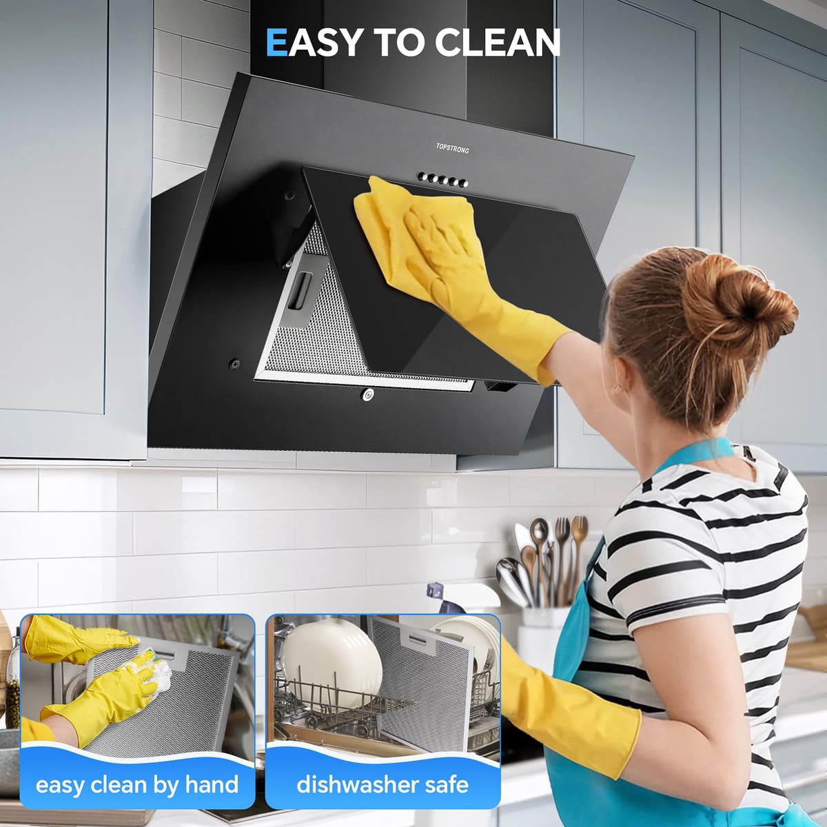 TopStrong Cooker Hood 60cm, Class A++ Extractor Fan Kitchen with Carbon Filters, Wall Mounted Extractor Hood with Recirculating & Ducting System, 3 Speed Black Painting & Tempered Glass, LED Lights — view 5