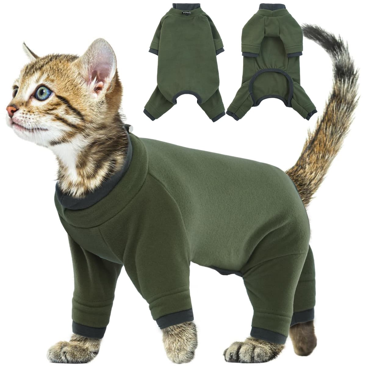 Ropa de Invierno para Gatos - Pijama para Gato, Suéter Cálido, Chaleco Polar, Jersey para Gato, Traje Anti Lamida - Verde Militar, XS