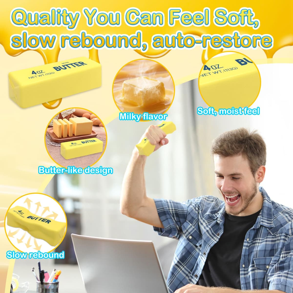 2 Unidades Juguete Para Apretar Mantequilla, Palos De Mantequilla Bola Para Apretar Paloes De Mantequilla Realista Bolas Antiestrés Para Apretar Mantequilla De Rebote Lento Comida Falsa Squishy — view 4