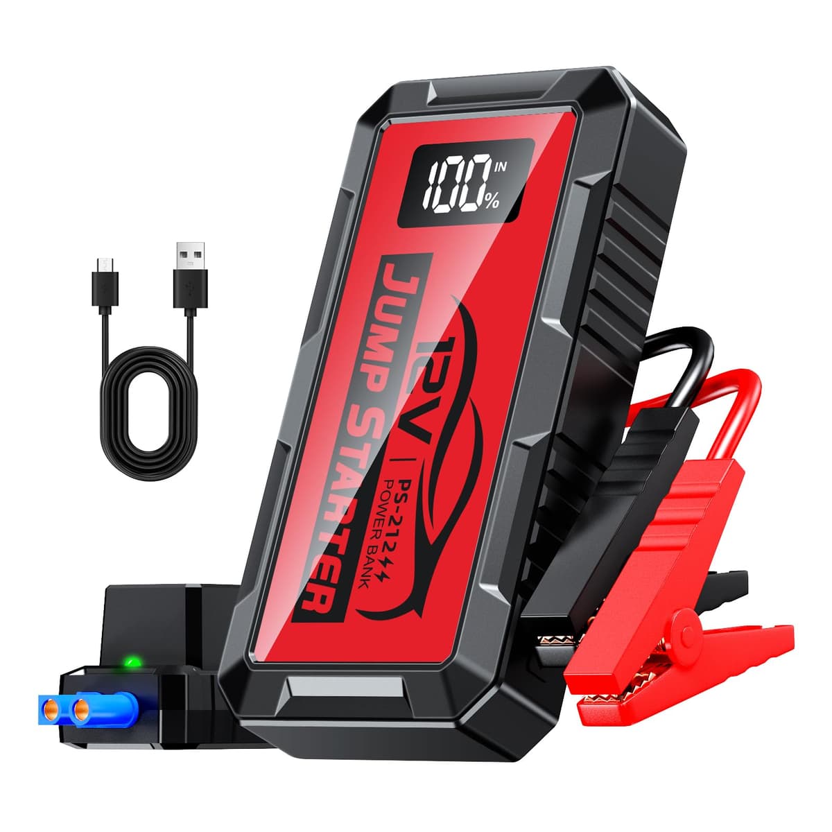 PSOOO Jump Starter 12V 8000A Power Pack Car Battery Pack (up to 10.0L Gas or 8.5L Diesel Engine) Jump Cable with Smart Clip and LED light (Red)