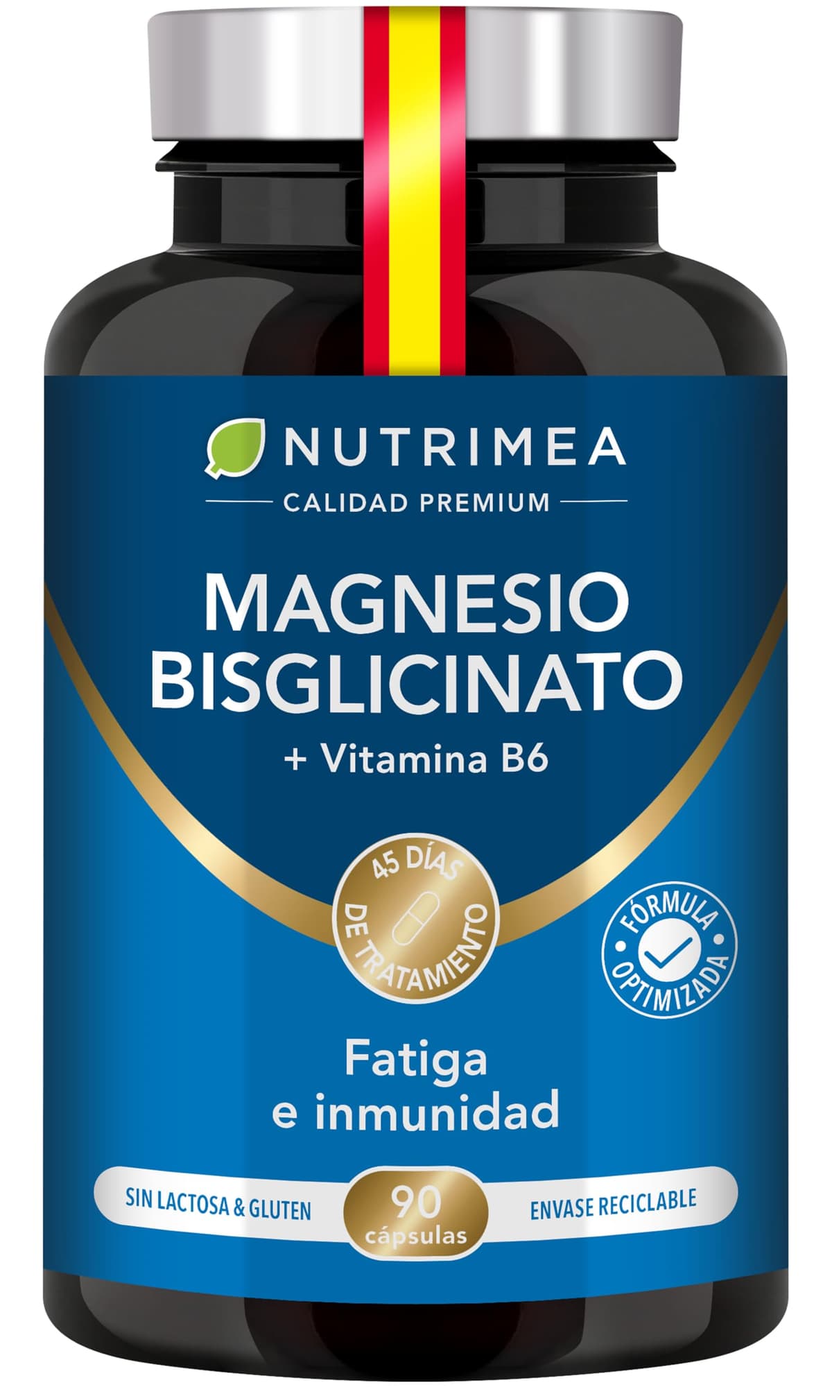 Magnesio Bisglicinato + Vitamina B6 Activa - Máxima Absorción y Tolerancia - Estrés, Fatiga y Calambres - Apoyo Muscular y Nervioso - Vegano, Sin Gluten ni Lactosa - 90 Cápsulas - Nutrimea