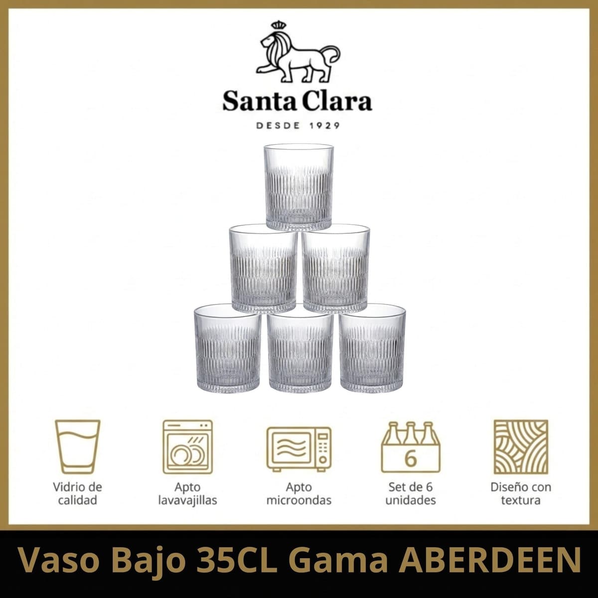 INDE SANTA CLARA | Set 6 Vasos de Cristal Agua 35cl Aberdeen Tallado Transparente, Vasos Bajos de Vidrio Claro, Vasos Agua Aptos Lavavajillas y Microondas — view 2