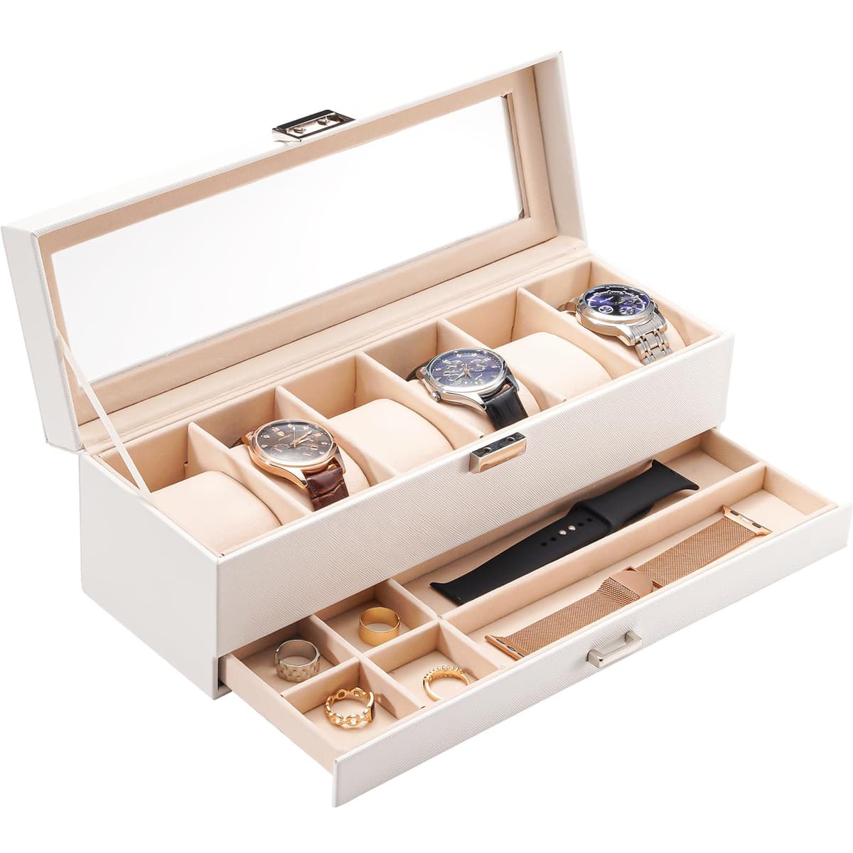 ProCase Caja de Relojes de 6 Ranuras con Cajón, Funda Organizadora de Reloj de 2 capas con Tapa de Cristal, Estuche de Almacenamiento para Hombres y Mujeres -Negro — view 20
