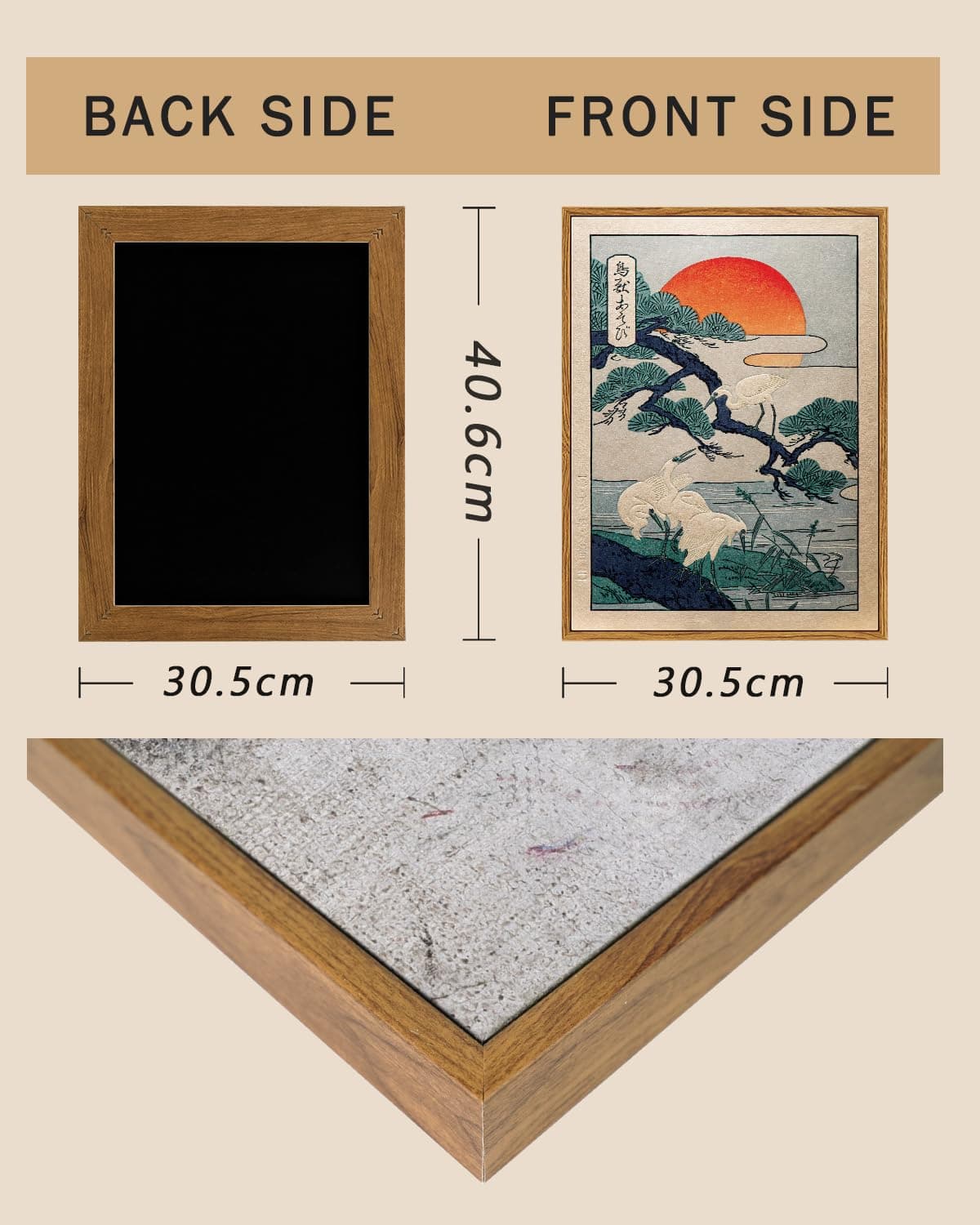 ARPEOTCY Framed Wall Art, Vintage Japanese Crane and Sunset Painting Print, Retro Canvas Wall Art Decor for Living Room, Bedroom, Office, Japanese Traditional Nature Home Decor Aesthetic(30x40 CM) — view 3