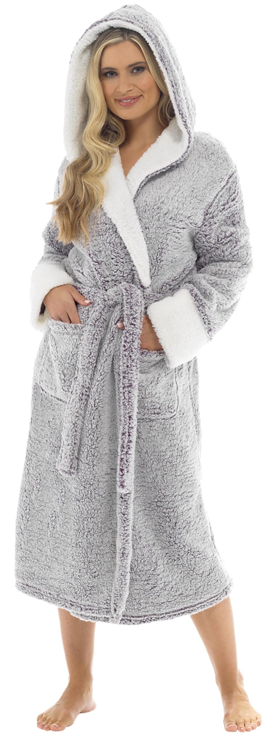 KATE MORGAN Ladies Dressing Gown Fluffy Super Soft Hooded Bathrobe for Women Plush Fleece Perfect Loungewear Long Robe | Gifts for Women — view 35