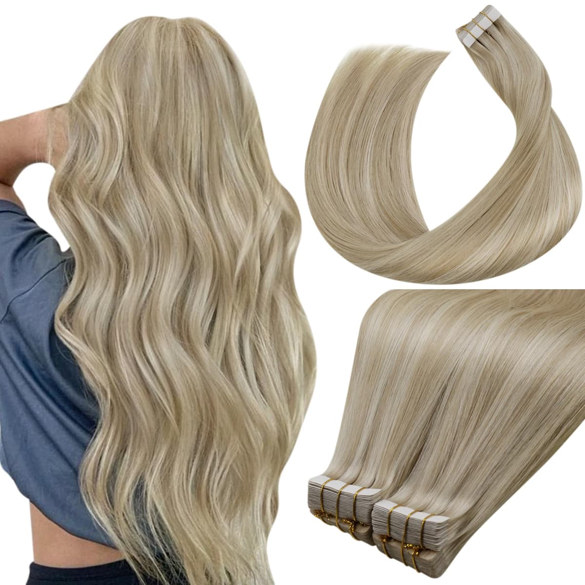 LaaVoo Tape in Hair Extensions Human Hair Blonde Tape Hair Extensions Real Human Hair Invisible Tapes Remy Straight Balayage Brown to Blonde Hair Double Sided Tabs 20pcs 50g 16 Inch #8/18/60 — view 115