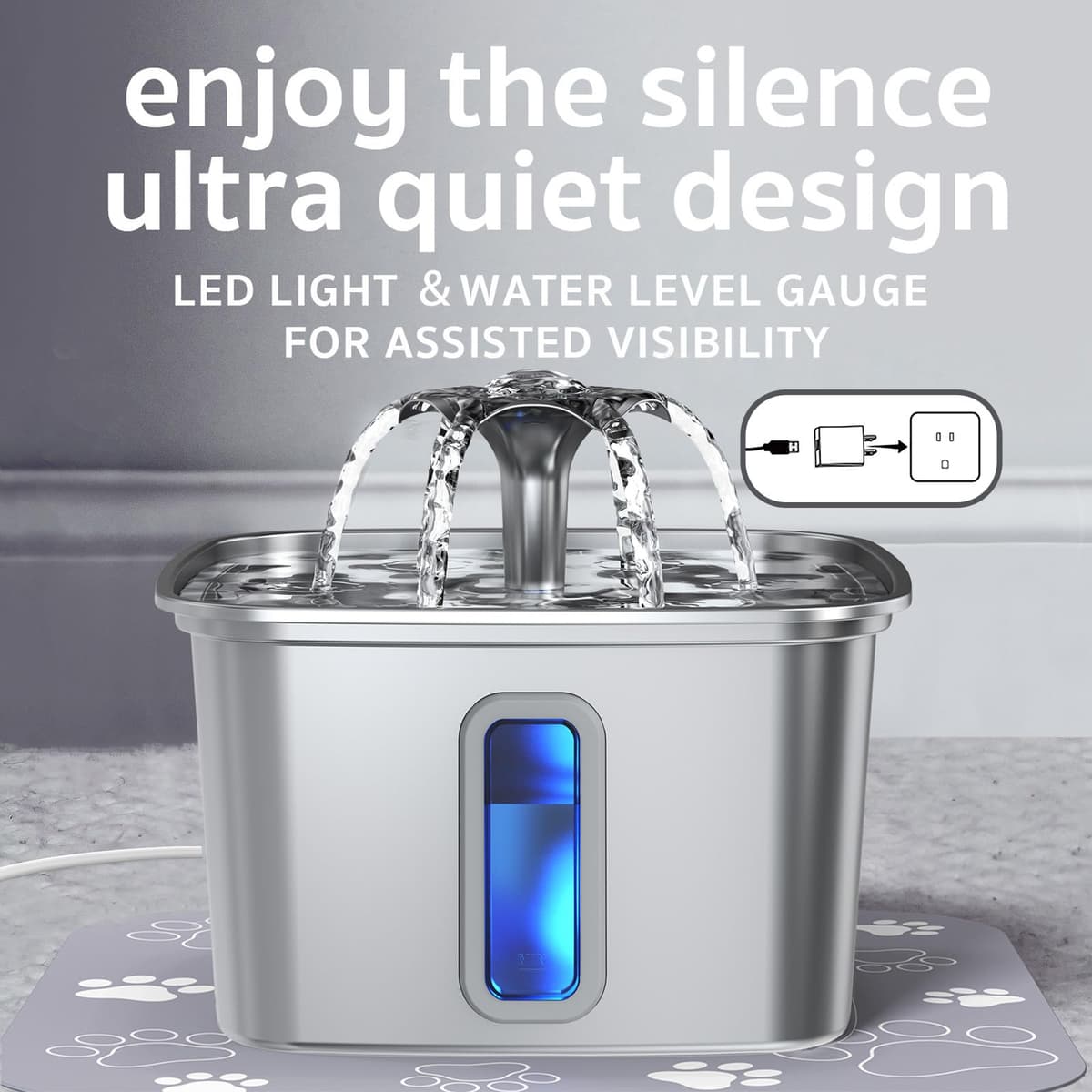 Veken Innovation Award Winner Stainless Steel Cat Water Fountain, 108oz/3.2L Automatic Pet Fountain Dog Water Dispenser with 3 Replacement Filters & Silicone Mat, Gifts for Cats, Dogs (Silver) — view 4