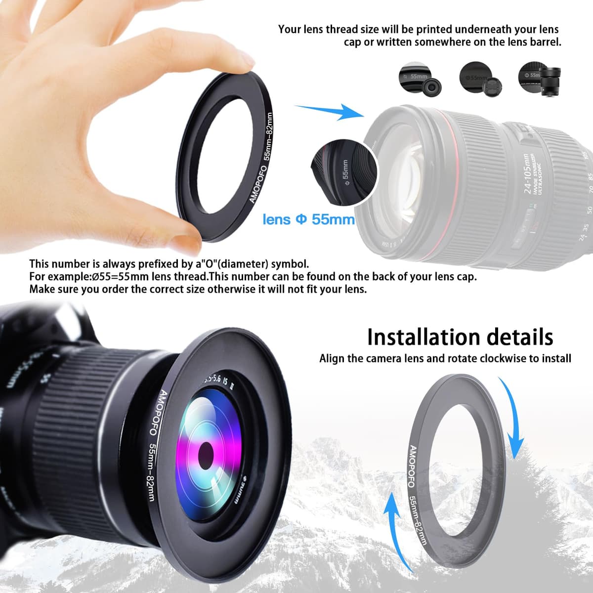 55mm Lens to 82mm Camera Filter Ring,55mm-82mm Step Up Ring For Filters,Made Of CNC Machined aluminum.for 82mm UV,ND,CPL Camera Filter accessories — view 4