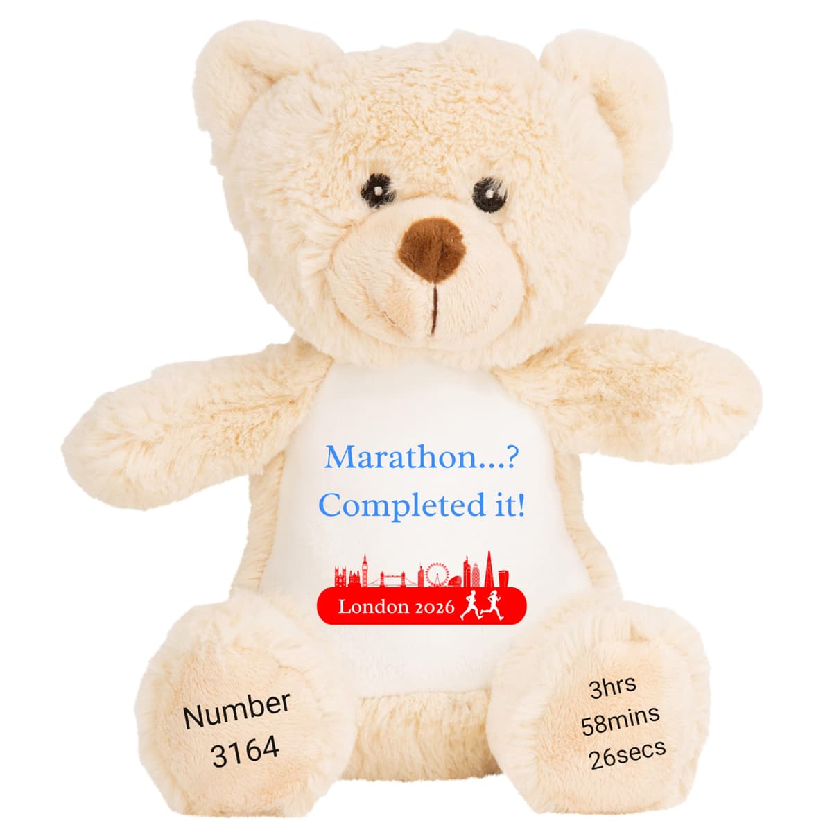 HotScamp Marathon Gift Cuddly Toy - Personalised London 2026 Teddy Marathon? Completed It! Customised Runner Running Finish Medal Congratulations Well Done Run Soft Cuddly Plushie - Brown Teddy