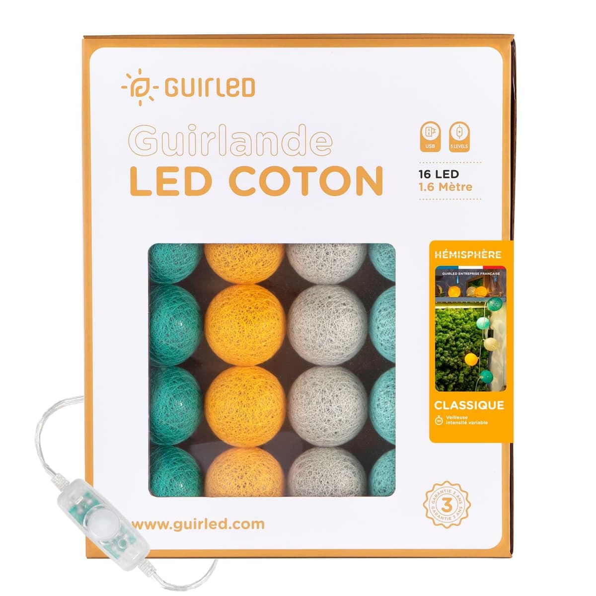 GuirLED - Guirnalda luminosa bolas de algodón LED USB- Luz de noche para bebé 2h - Adaptador de corriente dual USB 2A incluido - 3 intensidades - 16 bolas 1,6m - Byzantin — view 24