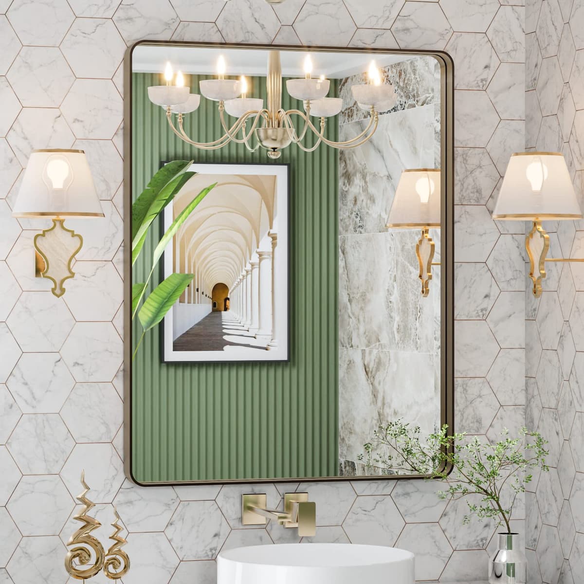 LOAAO 48”X36” Gold Bathroom Mirror, Rounded Rectangle Gold Frame Mirror, Brushed Gold Bathroom Vanity Mirror Wall-Mounted, Anti-Rust, Tempered Glass, Hangs Horizontally or Vertically — view 49