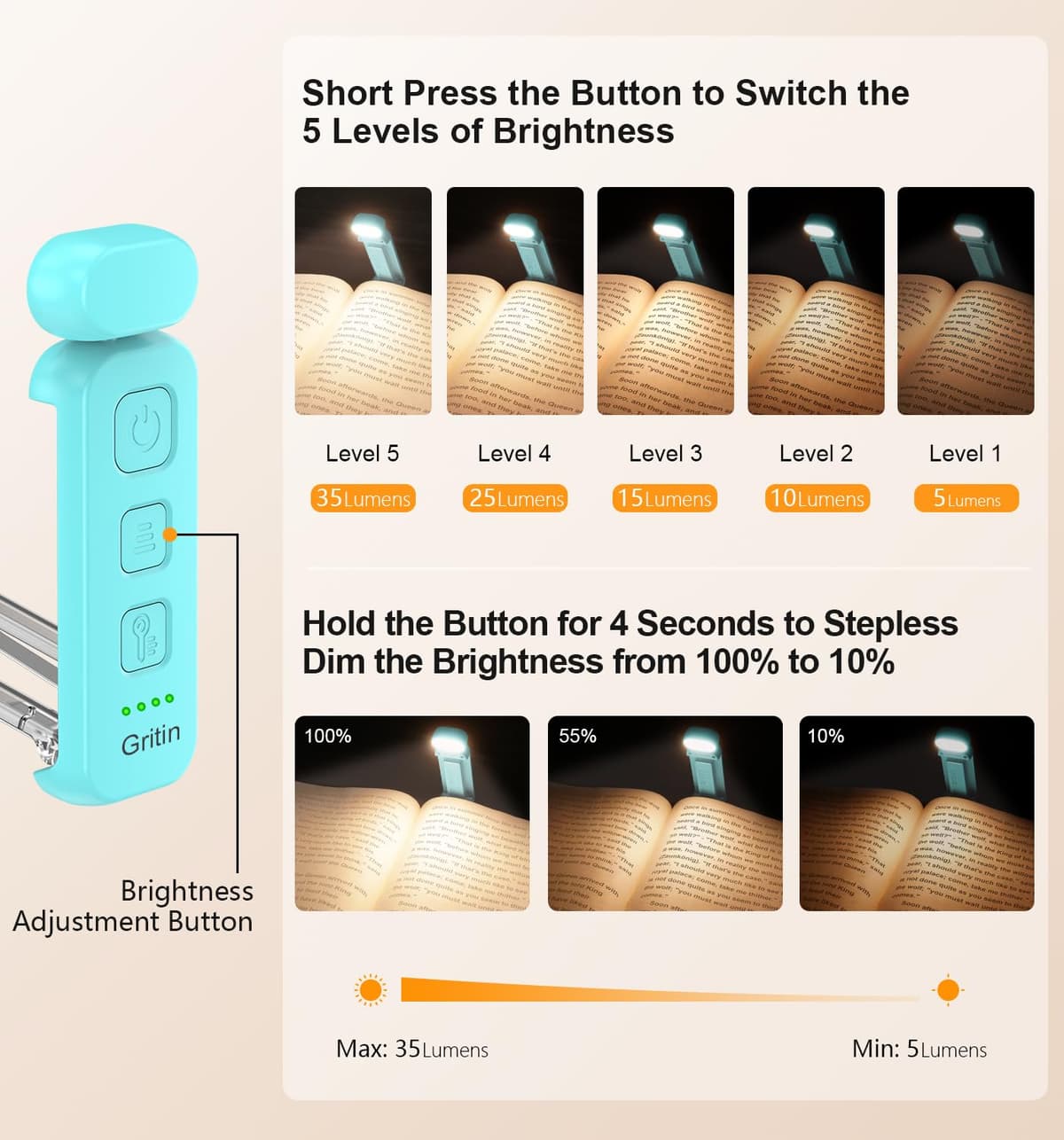 Gritin Book Light Rechargeable, Reading Light Lamp Clip on Books, Eye Caring 3 Colors, 5 Brightness & Stepless Dimming, Long Lasting up to 80hrs, Portable Mini Reading Lamp for Readers — view 2