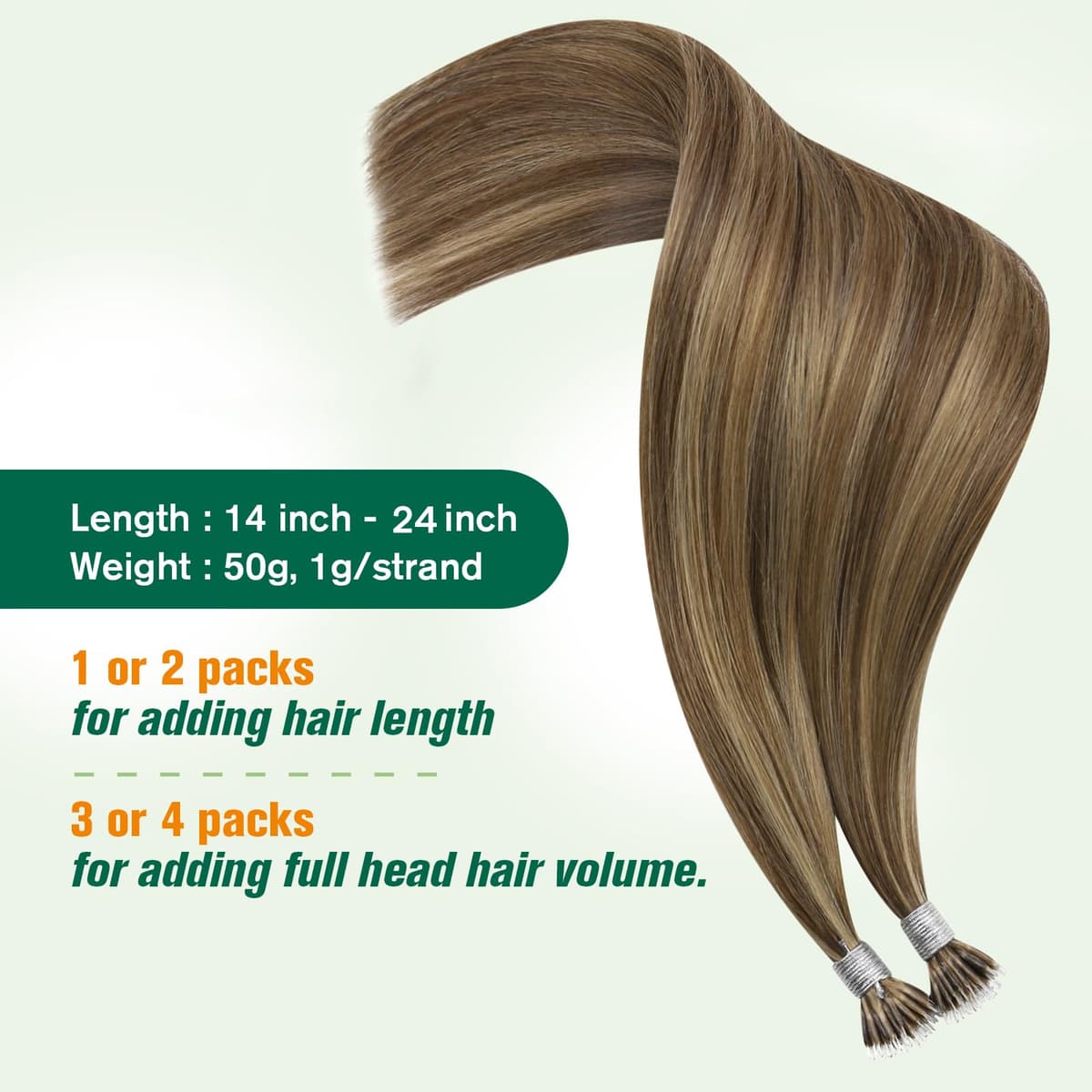 Easyouth Hair Extensions Nano Brown Highlight Nano Beads Hair Extensions Real Human Hair Medium Brown with Honey Blonde Nano Human Hair Extensions for Daily Life 16 Inch 50g/50s #P4/27 — view 3