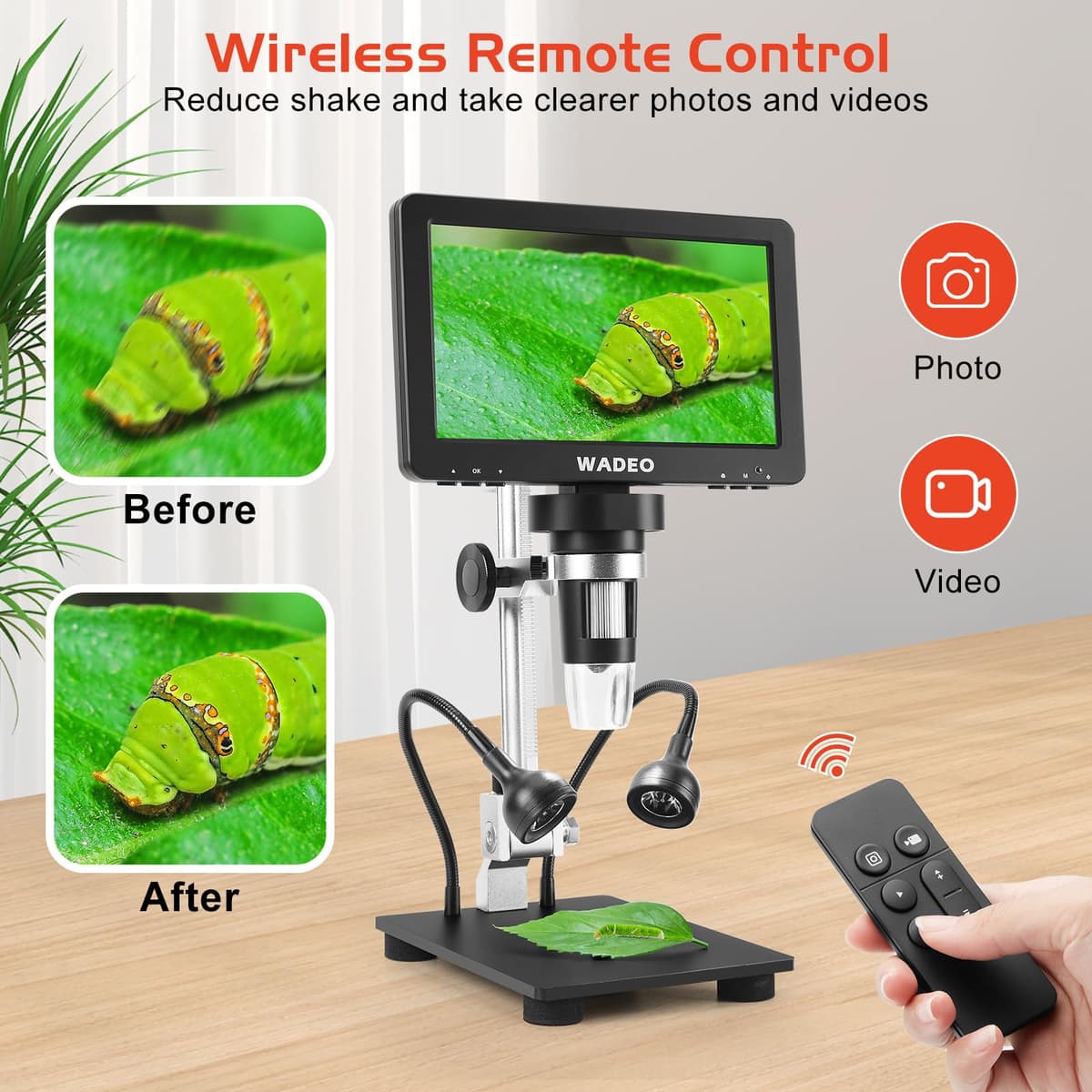 WADEO 7'' LCD Digital Microscope 1200X, 16MP 1080P Coin Microscope with 8 LED Lights and Fill Light, Compatible with PC/TV, Windows/Mac OS, with 32G Card and Remote Control — view 2