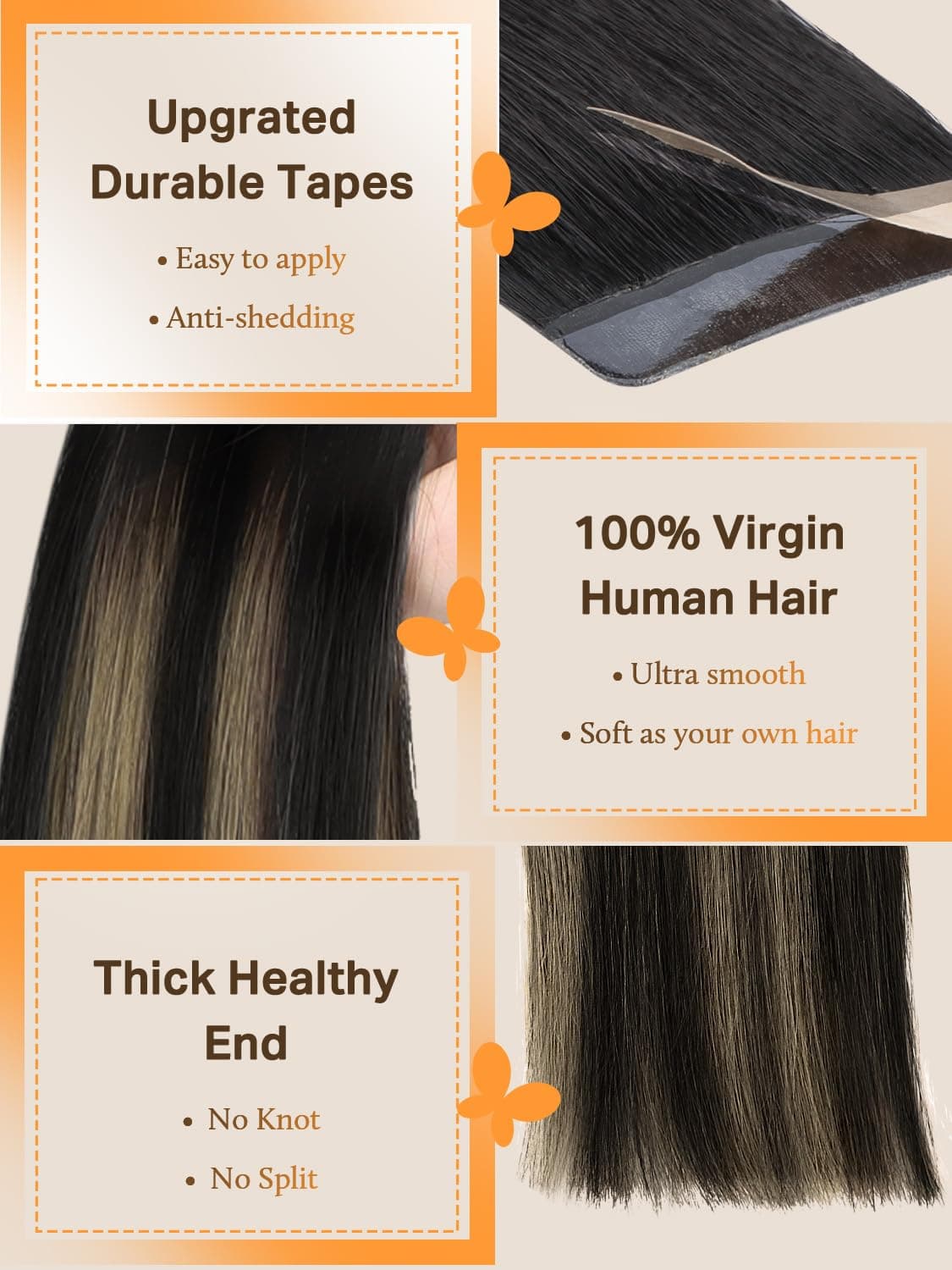 DOORES Tape in Balayage Natural Black to Light Blonde 20 Inch 20pcs 50g Human Hair Extensions Tape in Straight Real Natural — view 3