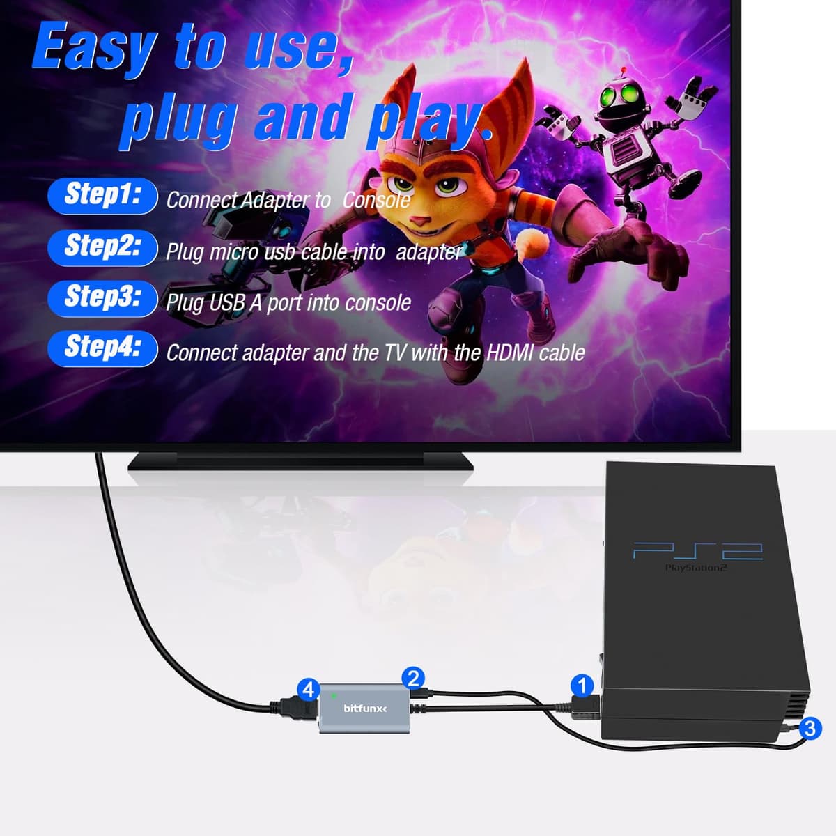 BITFUNX Adaptador HDMI PS2/PS1/PS One - Interruptor RGB integrado a componente, soporta RGB/Componente a HDMI 1080P, adaptador de videojuegos Plug & Play — view 5