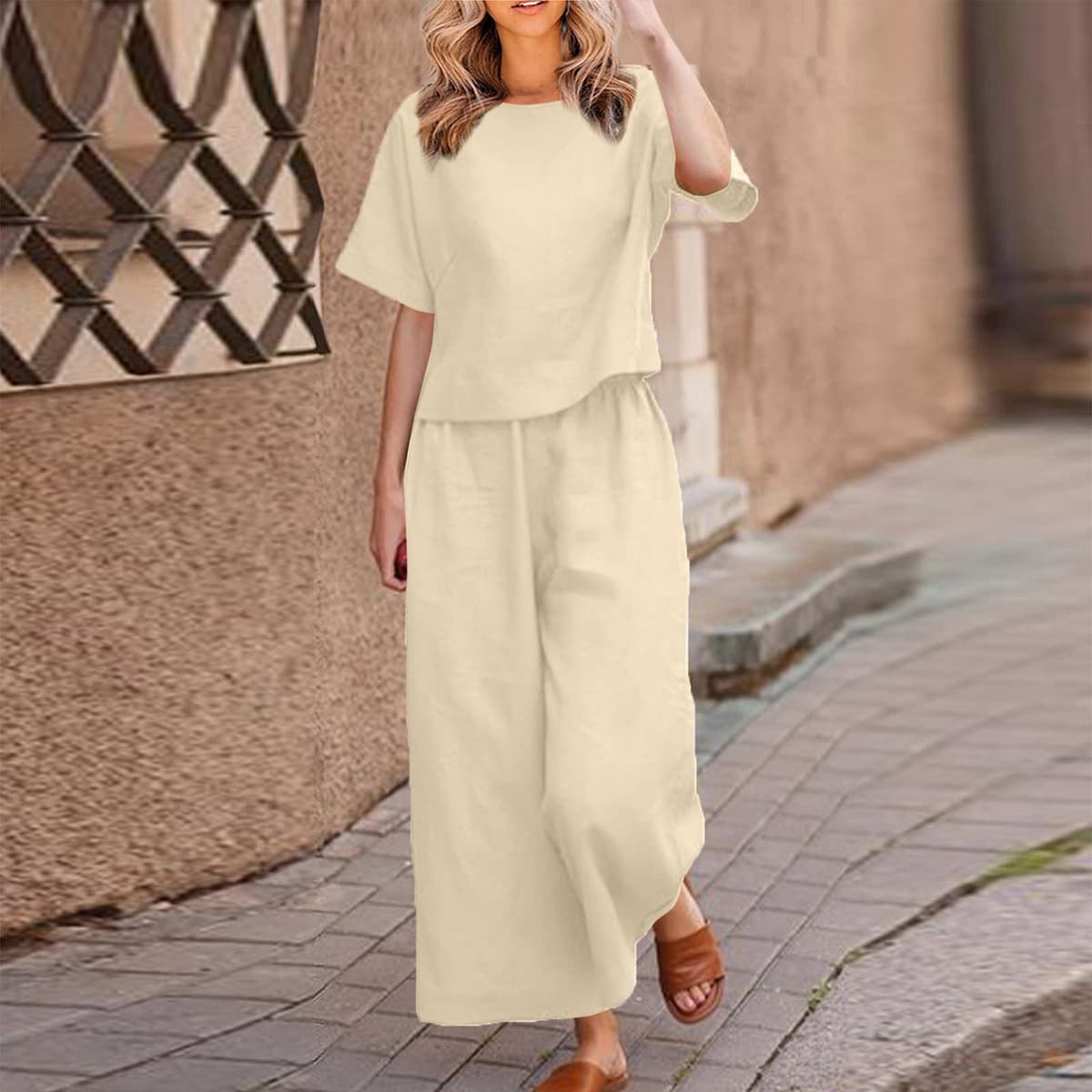 Womens 2 Piece Outfits Summer Linen Sets Short Sleeve V Neck Cropped Top Wide Leg Capris Pants Beach Lounge Sets — view 2
