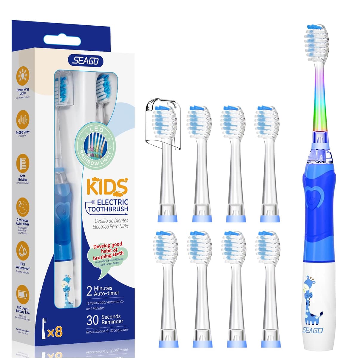 Seago Cepillo de Dientes Infantil Eléctrico Para Niños 3–12 Años Kids Con Luz de Colores,Temporizador Inteligente de 2 minutos,4 Cabezales Suaves SG-EK6/SG-977 (Rosa) — view 14