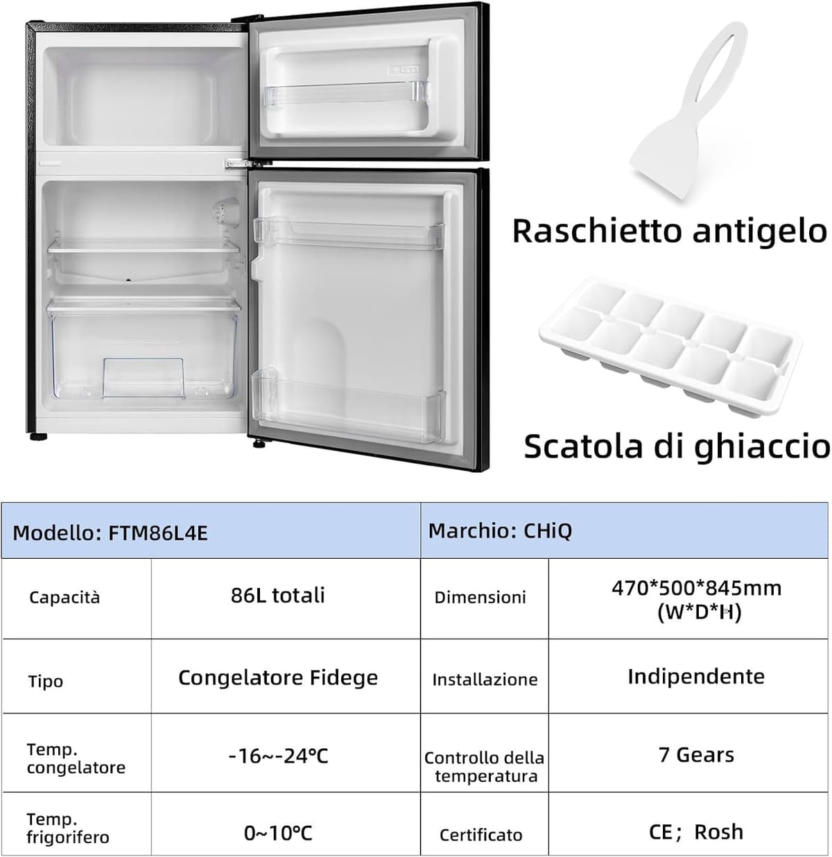 CHiQ Bajo Encimera Frigorífico Combi Bajo Encimera, 86L(65/21), Termostato Ajustable, Bajo Ruido, Para Dormitorio, Cocina, Oscuro