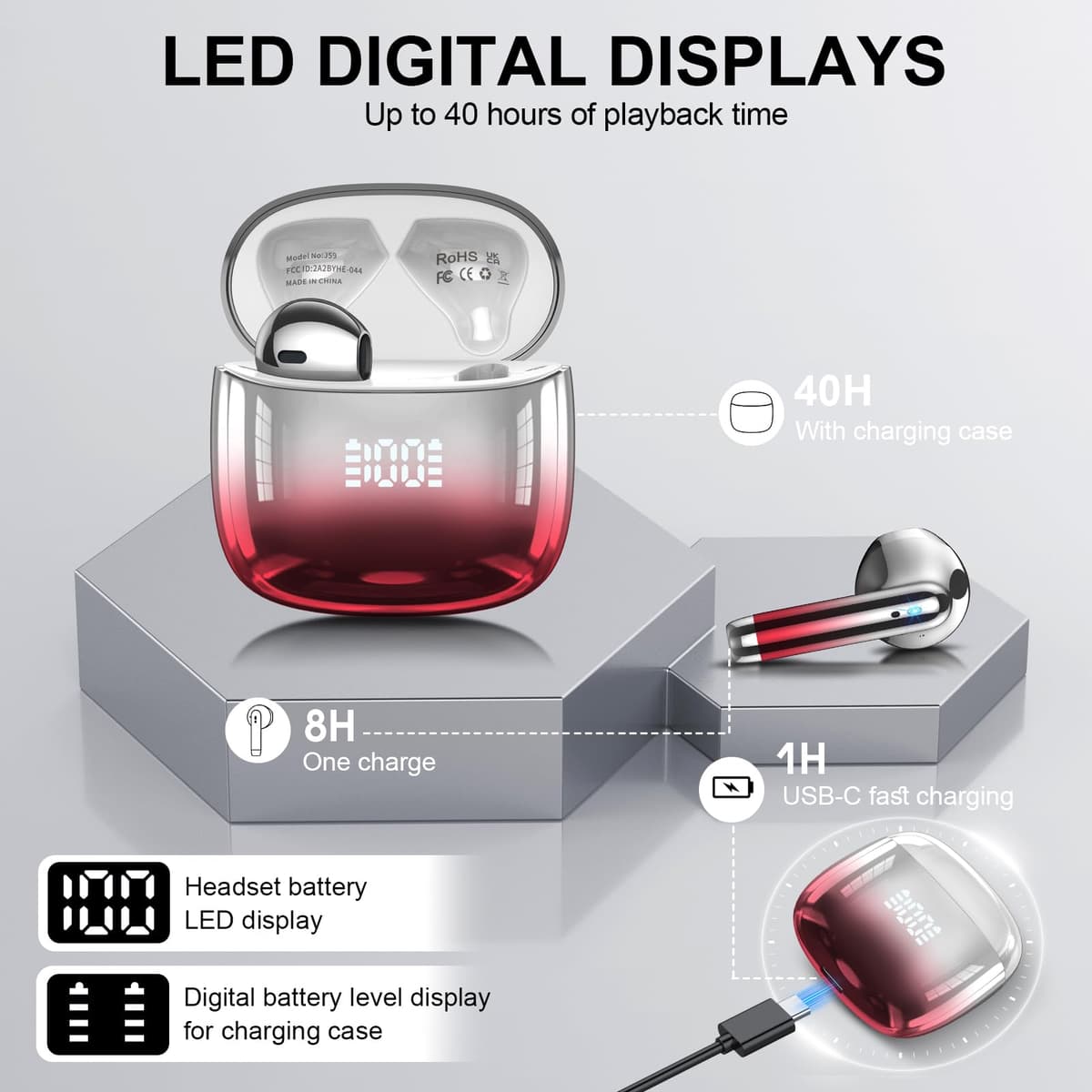 Auriculares Inalámbricos Bluetooth, Auriculares Bluetooth 5.4 Sonido Envolvente con HD Micrófono, Controlador de 14,2 mm, 48H Cascos Inalambricos con Reducción de Ruido, Pantalla LED, IP7 Impermeable — view 5