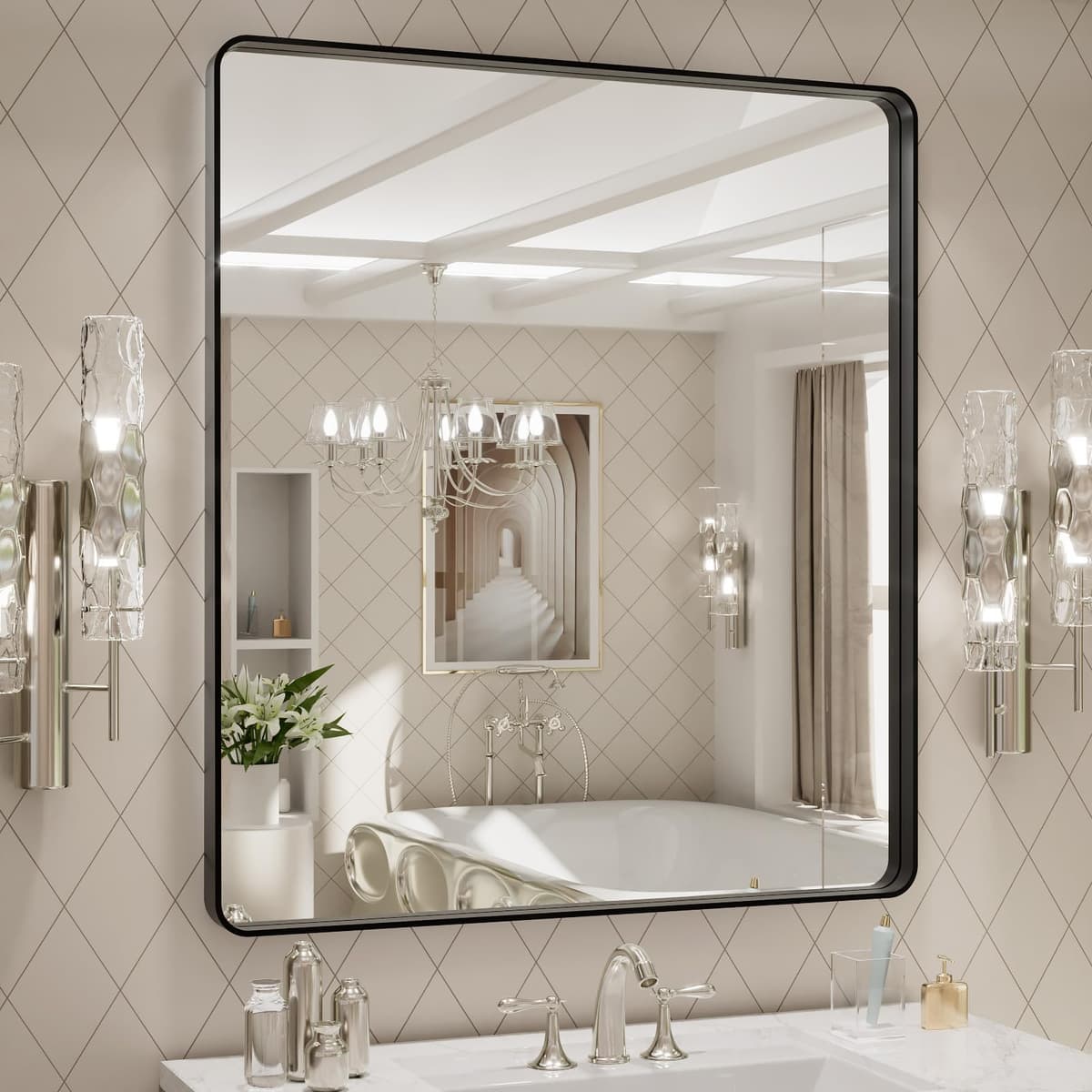 LOAAO 48”X36” Gold Bathroom Mirror, Rounded Rectangle Gold Frame Mirror, Brushed Gold Bathroom Vanity Mirror Wall-Mounted, Anti-Rust, Tempered Glass, Hangs Horizontally or Vertically — view 26