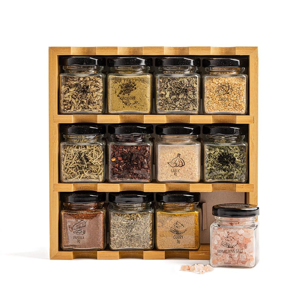 Spice Rack - 12 Herbs and Spices for Cooking, Spice Gift Set, Premium Wooden Spice Rack With Spices Included, Herbs, Spices & Seasonings |House Essentials For New Home |Space Saving, Spice Organiser — view 3
