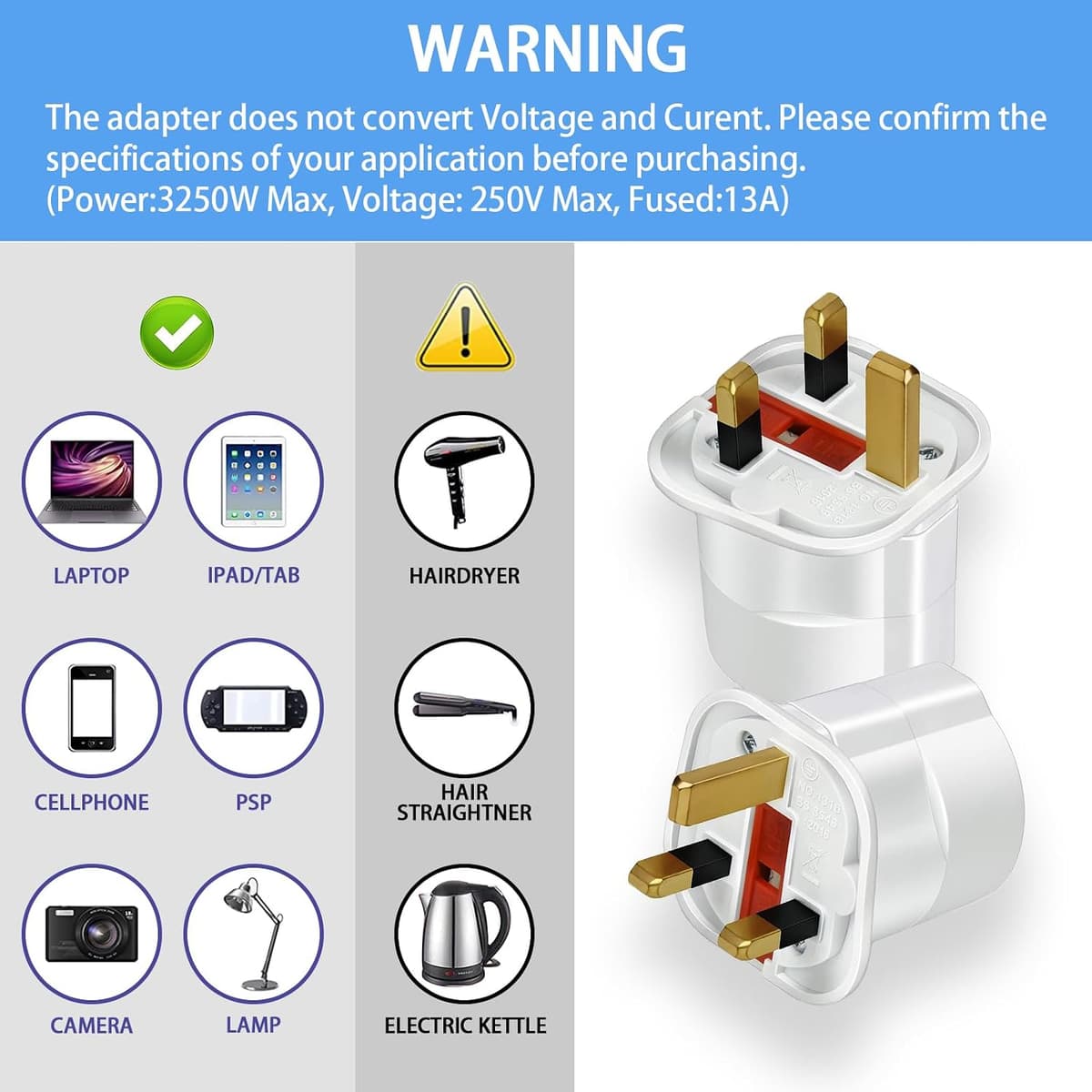 1 Pack European to UK Plug Adaptor, EU to UK Plug Adapter with 13A Fuse, European to uk plug Adapter 2 Pin Plug Adaptor to 3 Pin for Travel, Electronics & Devices (Not for Shavers or Toothbrushes) 1P — view 2