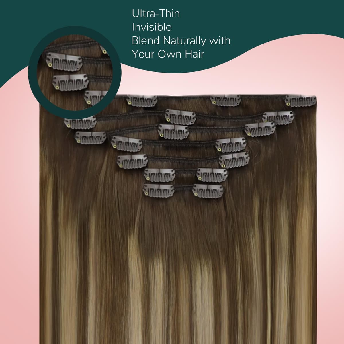 Easyouth Clip in Hair Extensions Human Hair Balayage, Remy Hair Clip in Extensions Ombre, Medium Brown Fading to Caramel Blonde, Real Hair Extension Clip in Human Hair for Beginners, 14In 85g 7pcs — view 4