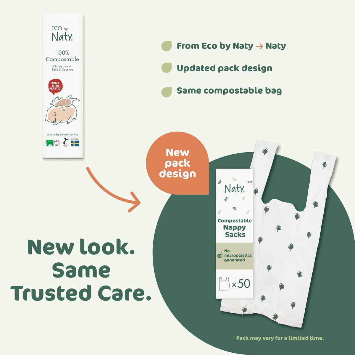 Naty compostable nappy bags | Easy tie handles | Fragrance-free nappy sacks for baby nappy changing & disposal, travel and pet waste |Plant-based bags for prams | On-the-go use | 50 count — view 2