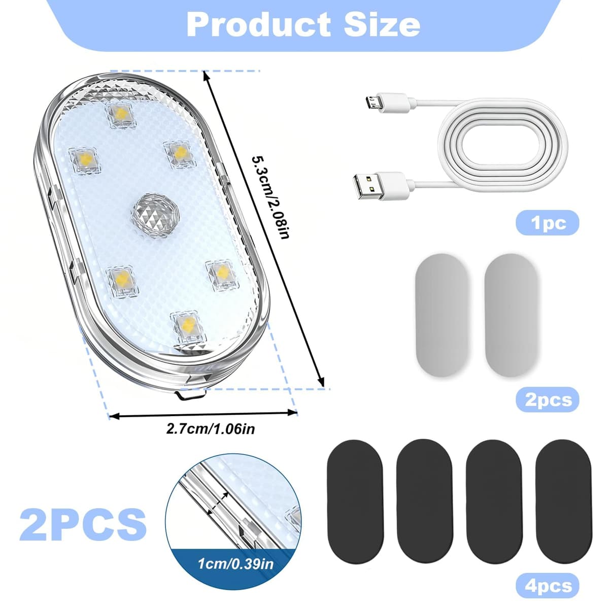 2 Piezas Luces LED Táctil para Coche, Luz Interior con 7 Colores del USB Móvil Recargable RGB Ajustable de Luces LED Inalambrico Lluminación de Coche Multiusos para Iluminación de Maletero Interior — view 2