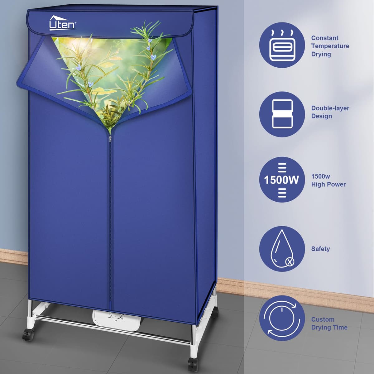 Electric Clothes Dryer Warm Air Drying Wardrobe Electric Clothes Drying Rack Double layer Stackable for Apartments 1500W Blue — view 2