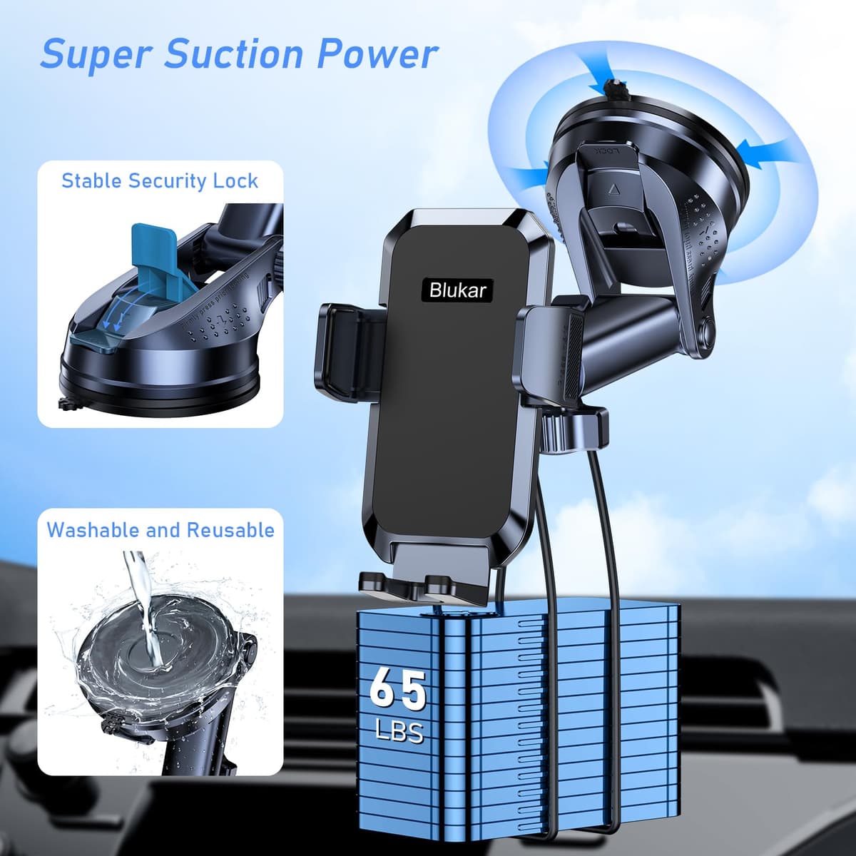 Blukar Car Phone Holder, Adjustable Car Phone Mount 360° Rotation for Dashboard/Windscreen, Upgraded Strong Suction - One Button Release Automobile Cradle for iPhone 4.0''-7.0'' Smartphones — view 3