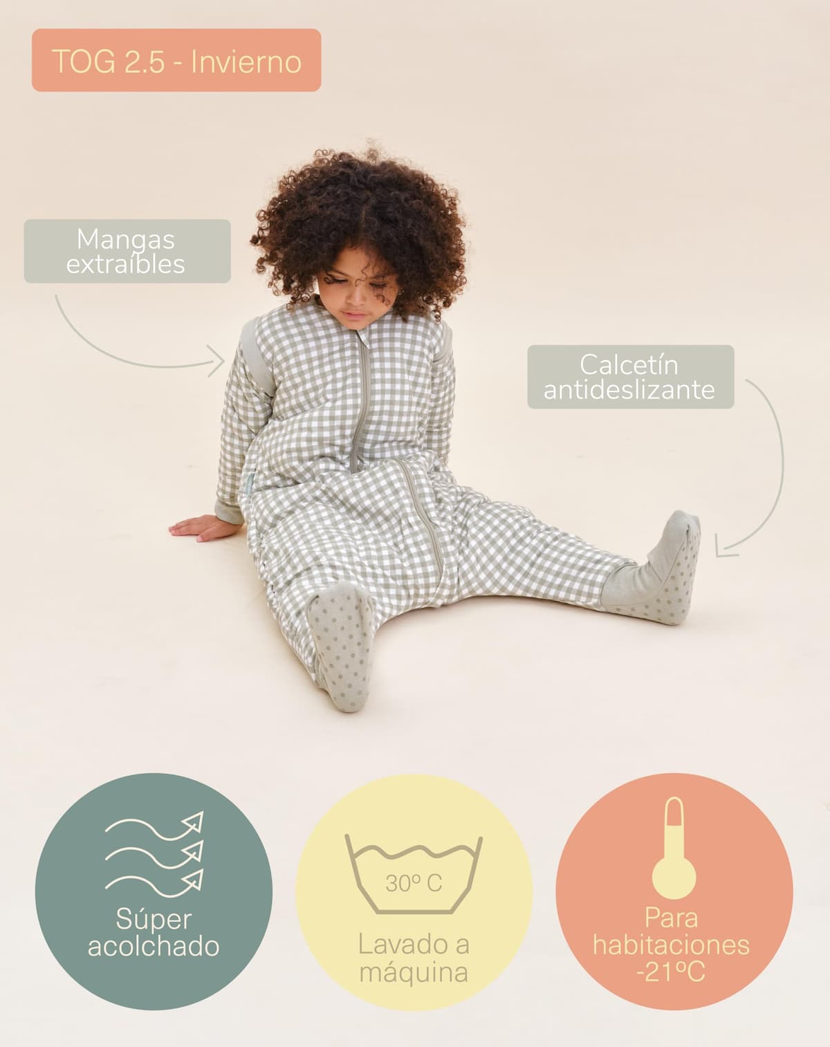 molis&co. Pijama Manta con Mangas Desmontables, Calcetines Antideslizantes, TOG 2.5 Estampado Mint Tea, Algodón 100%, Oeko-Tex 100 Certificado, 2 años — view 4
