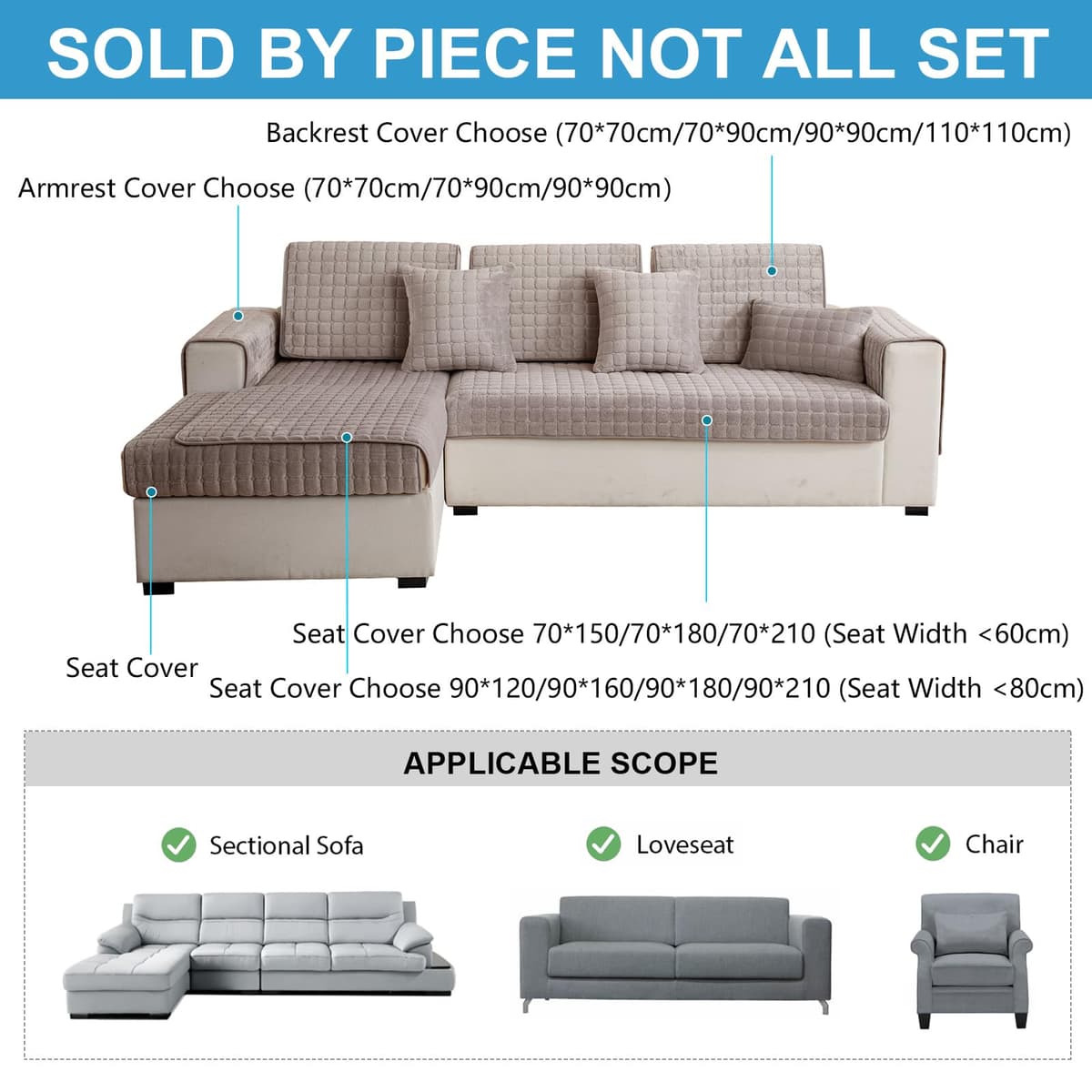 Soft Flannel Sofa Covers Washable - New Sofa Cushion Covers, Non-Slip Sofa Cover 1 2 3 Seater Couch Covers for Sectional Sofa, Sofa Slipcovers L Shape Furniture Protector (Light Coffee, 70x180cm) — view 3