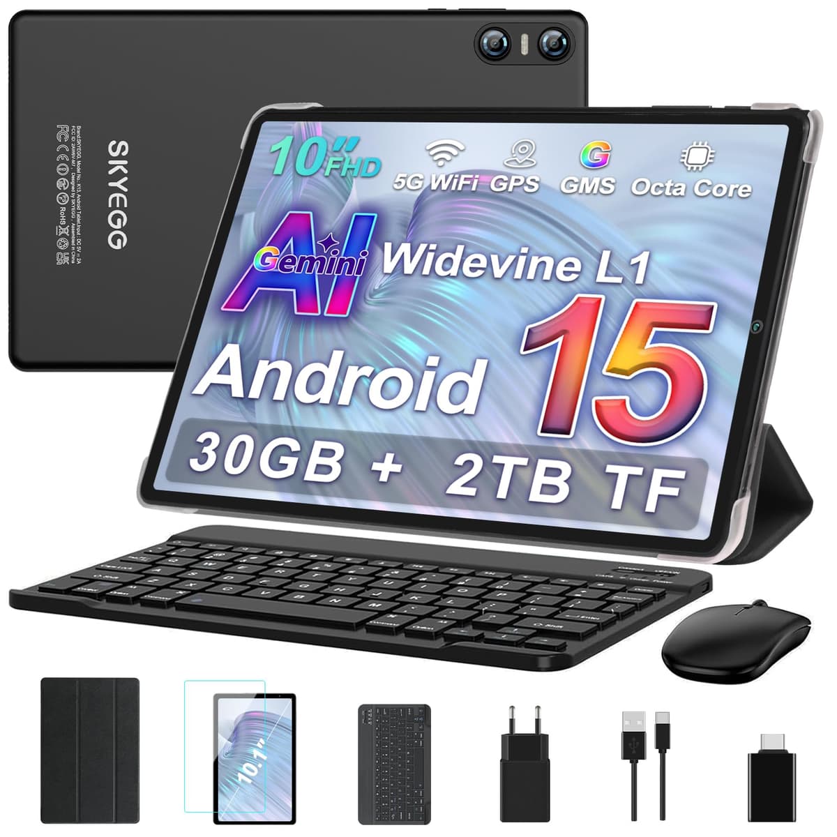 SKYEGG Tablet 10 Pulgadas Android 15 con Gemini AI, 30 GB RAM + Ampliable 2 TB ROM, Octa-Core, Widevine L1, WiFi 5G, Cámara 8 MP + 5 MP, Batería 6000 mAh, con Teclado, Ratón y Funda – Negro Grafito