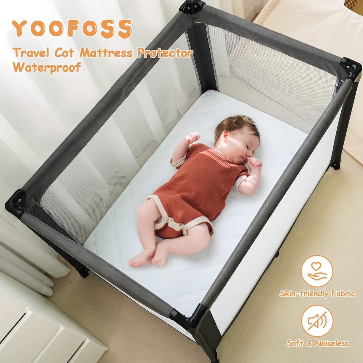 Yoofoss Travel Cot Mattress Protector Waterproof 65 x 95 cm Fitted Breathable & Comfortable Quilted Toddler Mattress Protector White — view 2