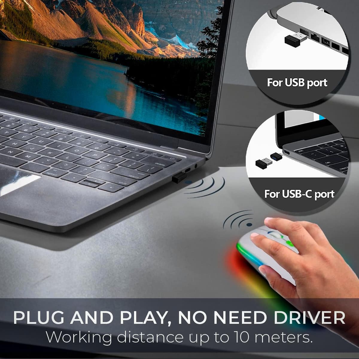 Wireless Mouse for Laptop With 2 USB A to USB C Adapter, 2.4GHZ Bluetooth Mouse Rechargeable, US B Mouse 3 Buttons-Laptop Mouse Wireless PC Mous e 800 to 2400 Dpi, Lapto p Mouse Computer Accessories — view 6