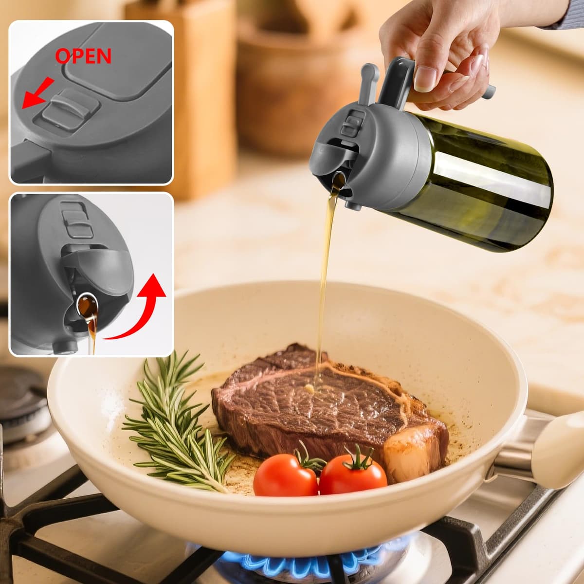 SWEET VIEW Dispensador de aceite de oliva y pulverizador de aceite, vertedor de aceite de vidrio a prueba de luz de 470 ml para cocina, freidora de aire, cocina, ensalada y barbacoa — view 4