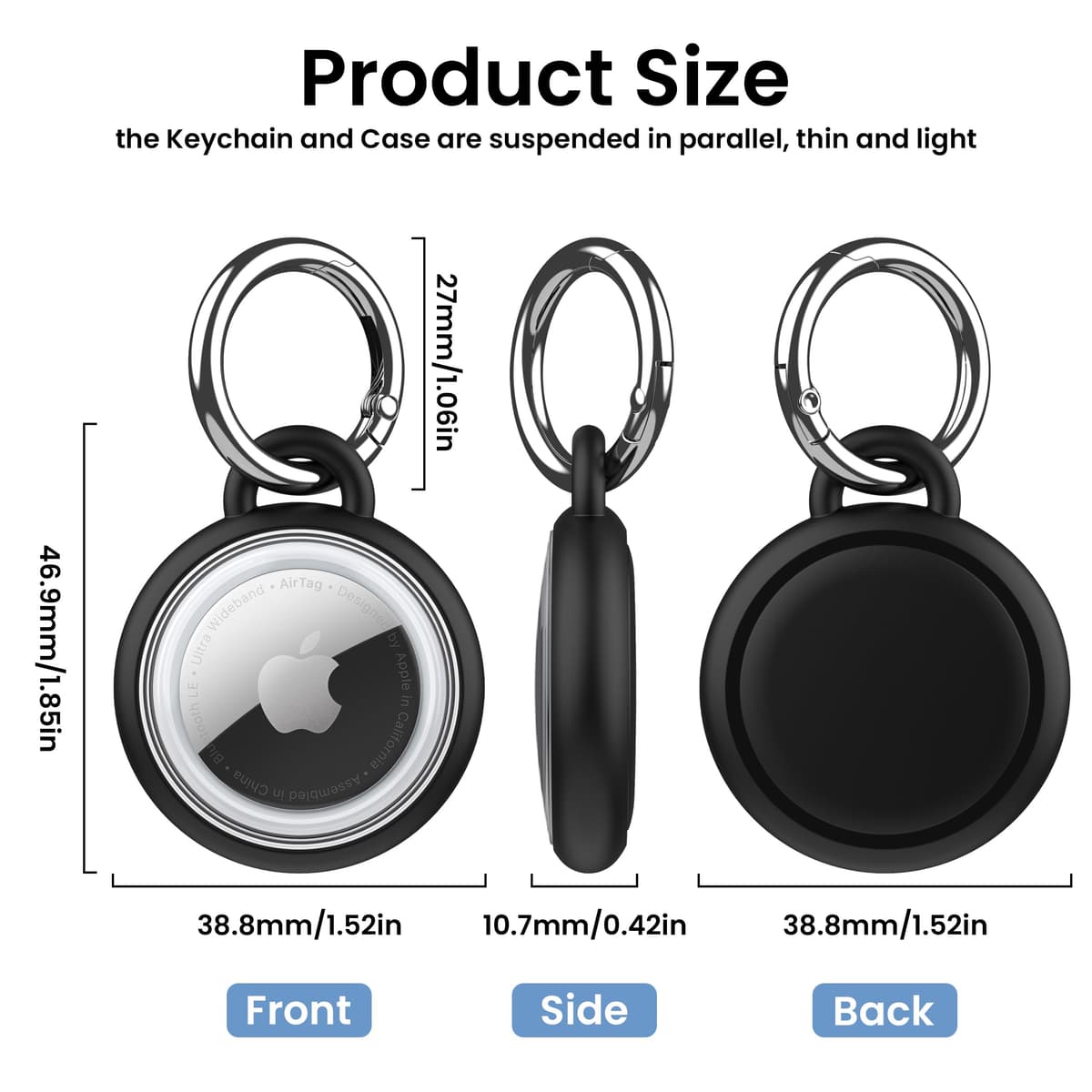 AirTag Holder Waterproof Silicone Case with Keyring, 2026 Upgraded Protective AirTags TPU Case Tracker Cover for Keys, Bags, Luggage, Pet Collars,Scratch-Resistant for Apple Air Tags (Black) — view 2
