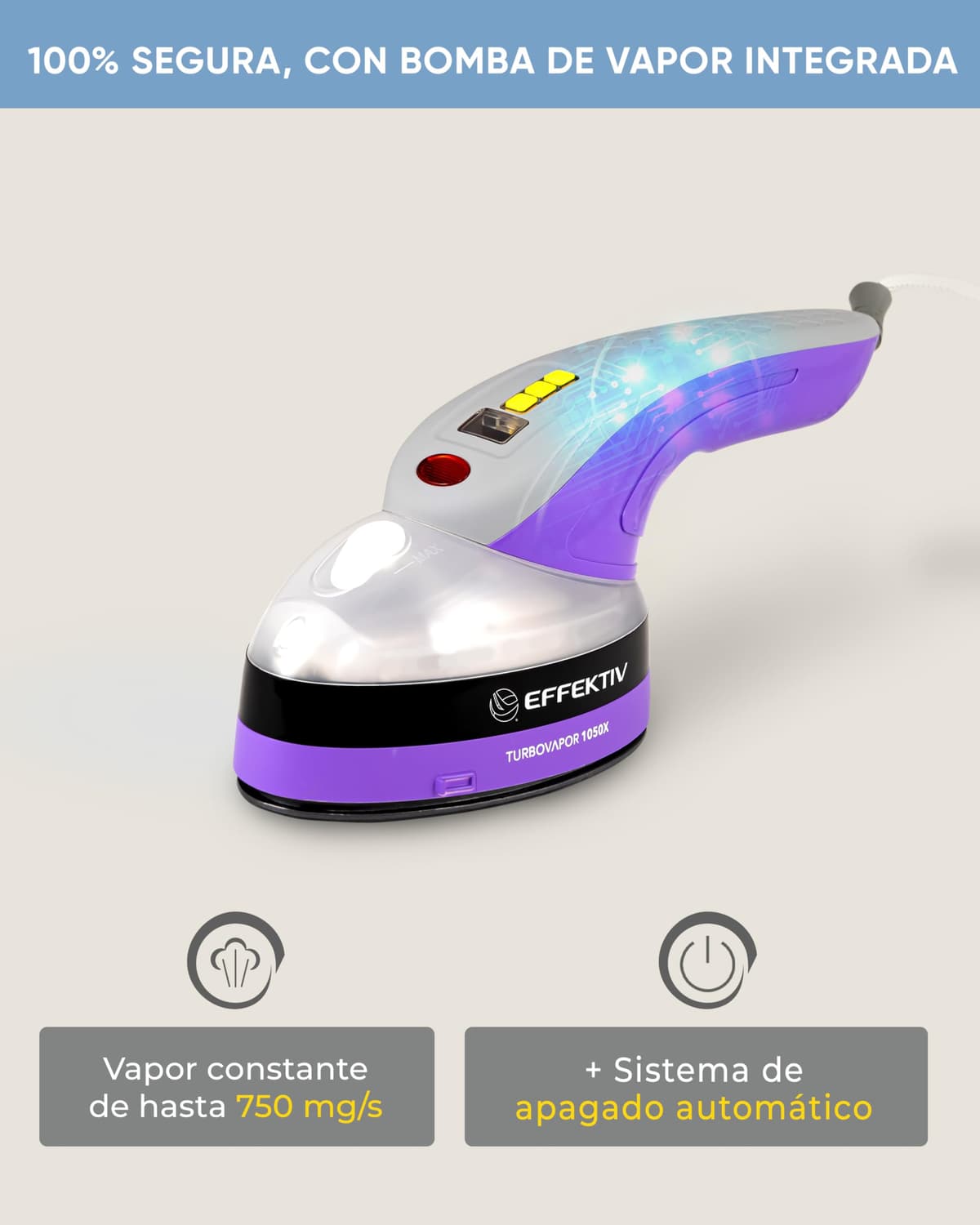 Plancha Vertical Vapor EFFEKTIV, 1800W, 3 en 1 Vapor Vertical Premium, Plancha Ropa con Suela Cerámica, Cepillo de Vapor, Depósito 250ml, Vapor Continuo 750mg/sec, Pantalla led, Autoapagado, Cable 3m — view 3