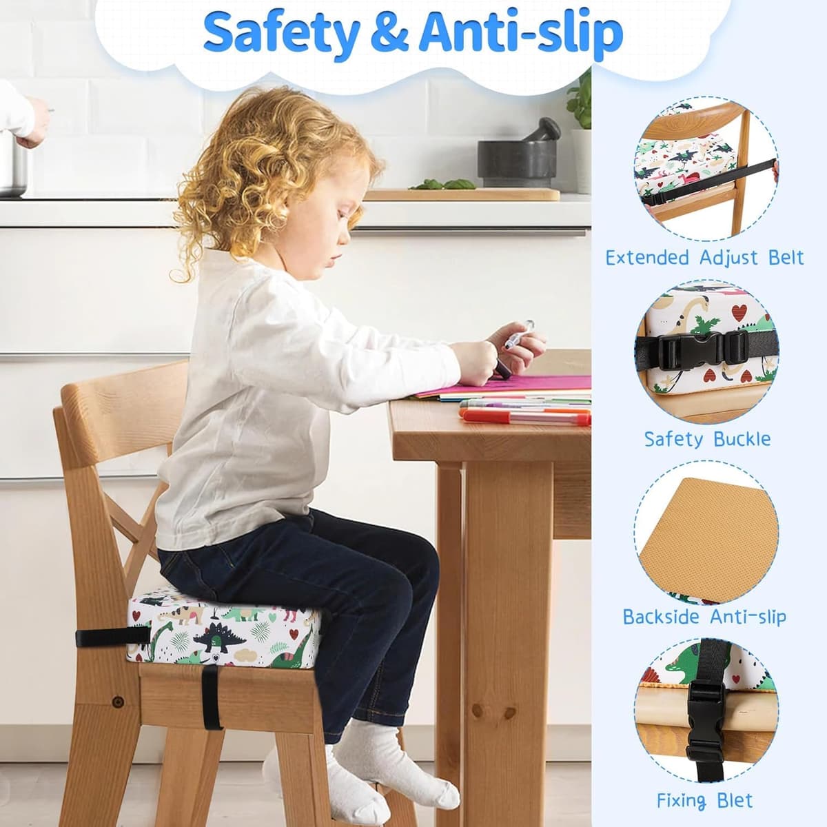 Baby Booster Seat for Dining Chair Table Toddler Booster Seat for Kitchen Chair with Non-Slip Bottom, Portable Detachable Washable Cushion with 2 Adjustable Straps Dinosaur White — view 2